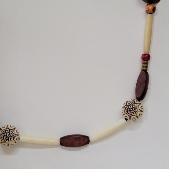 Tribal Boho Beaded Necklace With Carved Wood Bone Style Beads And Earthy Accents - Picture 4 of 10